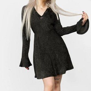 Disturbia Gothic Green Velvet Skater Dress with Bell Sleeves Size UK 10/US 8